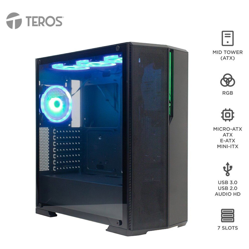 Case Gamer Teros TE1175N, Mid Tower, Negro, USB 3.0, USB 2.0, Audio. (1)