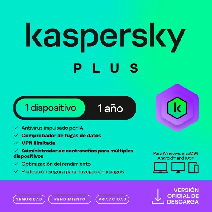 Antivirus Kaspersky Plus, para 1 PC, Lic 1 año, Producto Virtual. (1)