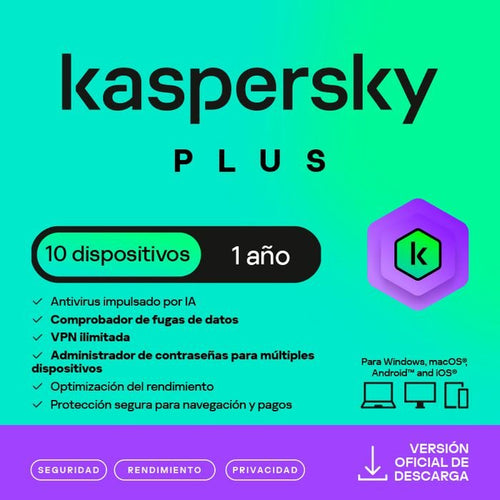 Antivirus Kaspersky Plus, para 10 PCs, Lic 1 año, Producto Virtual. (1)