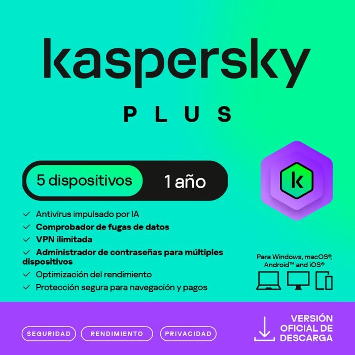 Antivirus Kaspersky Plus, para 5 PCs, Lic 1 año, Producto Virtual. (1)