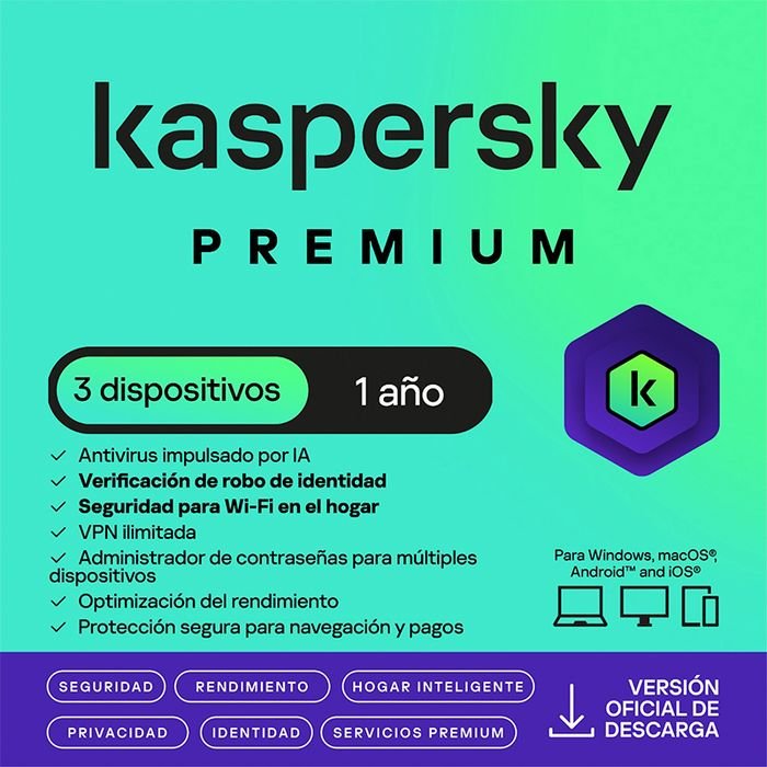 Antivirus Kaspersky Premium, para 3 PCs, Lic 1 año, Producto Virtual. (1)
