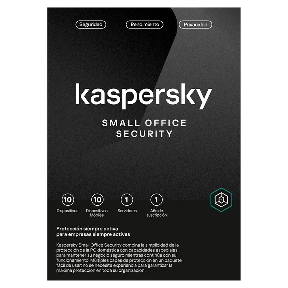 Software Kaspersky Small Office Security, para 10 PCs+1 Serv, Lic 1 año, Producto Virtual. (1)