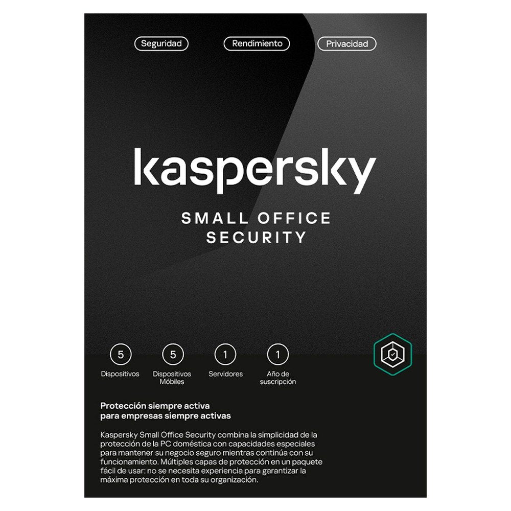 Software Kaspersky Small Office Security, para 5 PCs+1 Serv, Lic 1 año, Producto Virtual. (1)